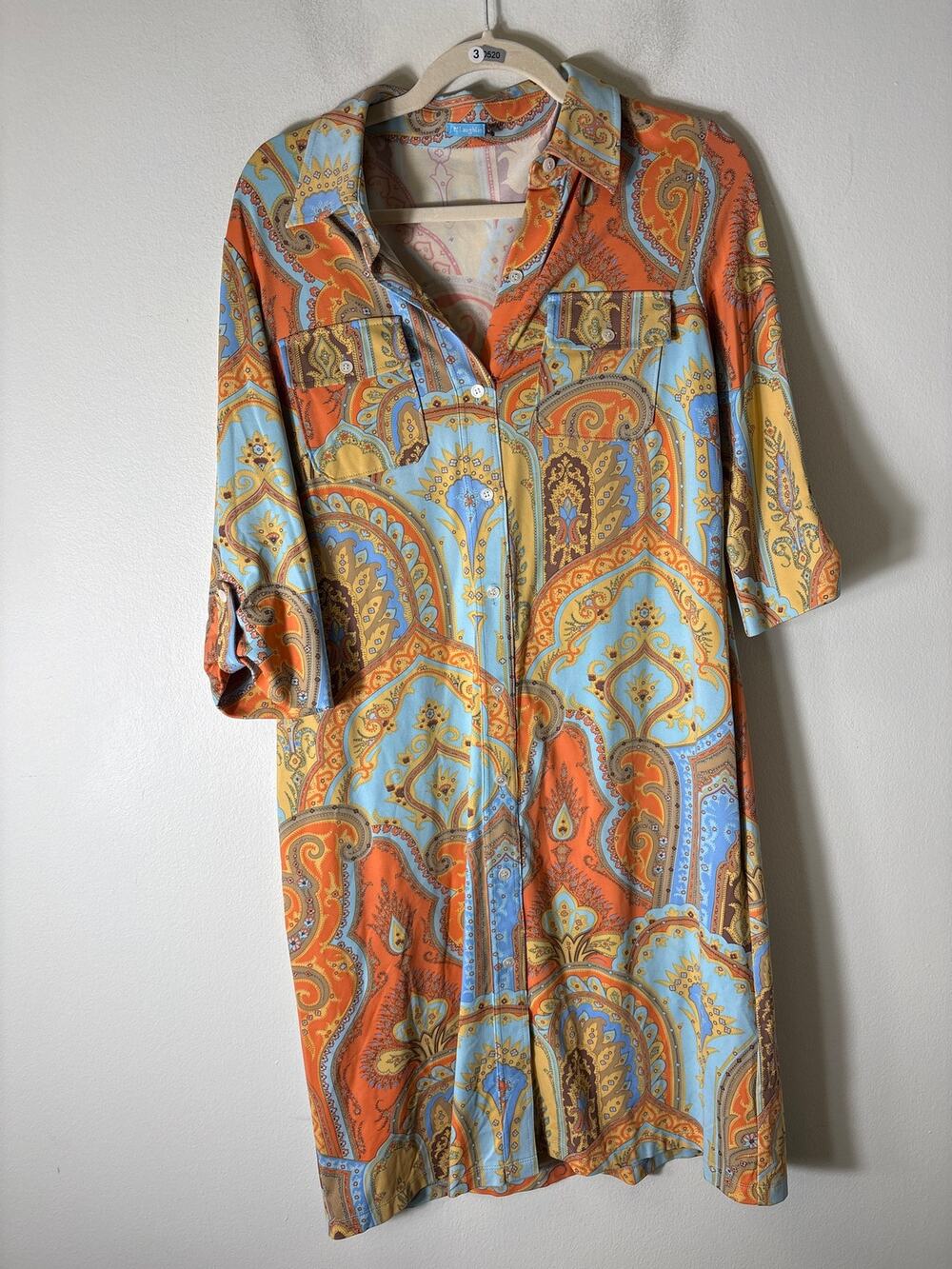 J. McLaughlin Ligbt Blue and Orange 3/5 Sleeve Button Up Midi Dress Sz M